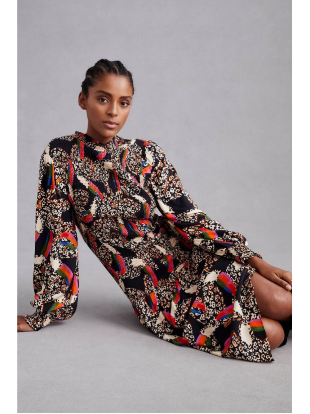 FARM Rio Multicolor Animal Print Smocked Knee Dress L Balloon Sleeve High Neck